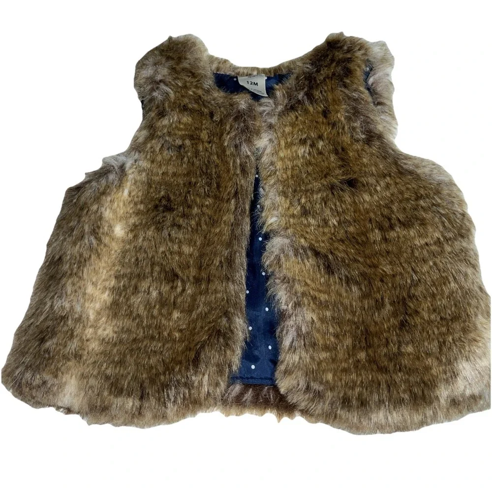 OshKosh Bgosh‎ Brown Faux Fur Vest Navy Polka Dot Lining Girls 12M Baby